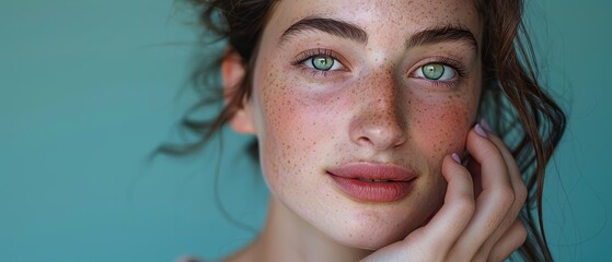 Wall Mural - The image shows a Caucasian woman with brown hair and light green eyes posing, touching her natural, healthy skin. The wellness and skincare concept is shown on a soft, isolated background. The image