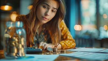 Poster - Businesswoman put coins into a glass jar on a table with a calculator and documents in the office, the business concept of making money