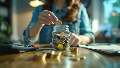 Poster - A businesswoman is seen depositing coins into a glass jar, which is situated on an office table cluttered with documents and a calculator, embodying the business principle of wealth accumulation