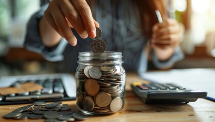 Poster - Businesswoman's hand putting coins into a glass jar on a desk in an office, with a calculator and documents nearby The business woman is working out the concept of money
