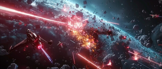 intense intergalactic war unfolds with laser beams and fiery explosions lighting up the cosmos.