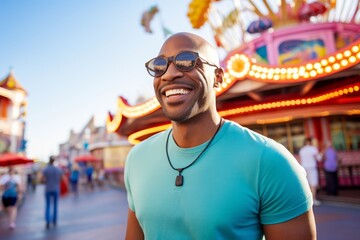 Poster - Portrait of a grinning afro-american man in his 30s wearing a sporty polo shirt over vibrant amusement park