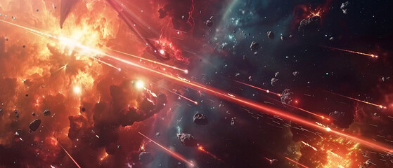 Wall Mural - epic space battle rages on with laser beams, explosions, and ships battling for supremacy.