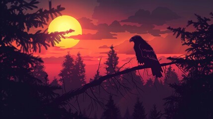 The black eagle rests on a tree branch as she watches the sunset over the summer forest background. Falcon, crow and hawk flying over purple skies, fields and spruces in nature. Illustration of a