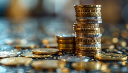 Poster - The towering stacks of European coins against a blurred backdrop epitomize the essence of financial accumulation and prudent saving habits.