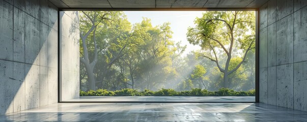 Wall Mural - 3D rendering of a modern concrete room with a large window and trees outside Interior design, architecture concept