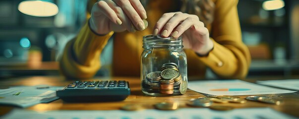 Poster - A businesswoman hands are diligently dropping coins into a glass jar, placed on an office table filled with documents and a calculator, symbolizing a financial strategy