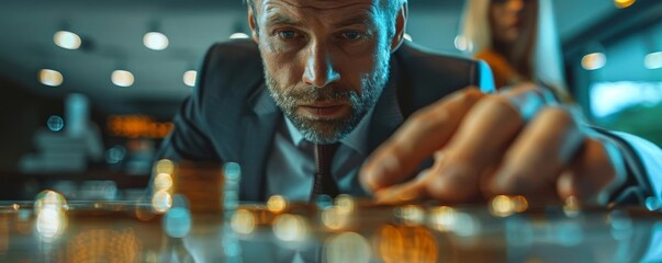Poster - A detailed view reveals a businessman meticulously counting coins on a table, with a woman faintly visible in the backdrop, symbolizing the interplay of business and wealth