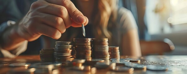 Poster - A close-up shot captures a businessman hand skillfully selecting coins from a stack on a table, illustrating the concept of financial management