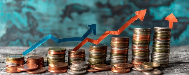 Poster - Stacks of coins adorned with upward arrows against a grey backdrop, embodying the concept of financial growth, a winning money strategy, financial planning, or a theme of ascension