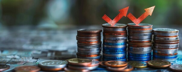 Poster - piles of coins with upward arrows on a grey background, a concept for business or finance growth and a money winning idea, financial planning or a motif of rising up