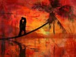 A couple kissing on the branch of a palm tree, with a sunset background. The sky is red and orange with some clouds. There is water in front of them, in the style of an impressionist painter.