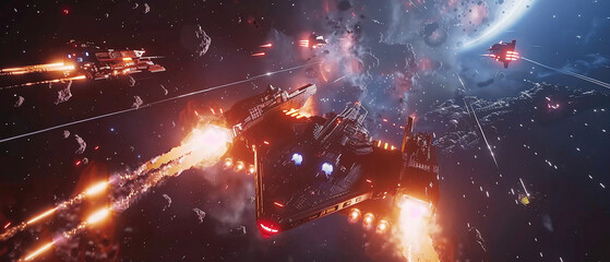 intense futuristic battle in space with colorful laser beams and explosive bursts of light.