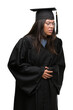 © Krakenimages.com - Young hispanic woman wearing graduated cap and uniform with hand on stomach because indigestion, painful illness feeling unwell. Ache concept.