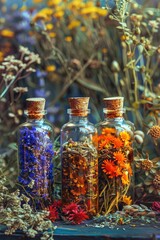 Wall Mural - Bottles with herbal tinctures on a background of dried medicinal herbs. Selective focus.