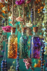 Wall Mural - Bottles with herbal tinctures on a background of dried medicinal herbs. Selective focus.