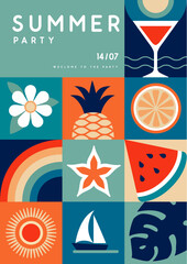 Wall Mural - Retro flat summer disco party poster with summer attributes. Cocktail silhouette, tropic fruits and flowers, rainbow and ship. Vector illustration