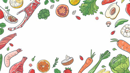 Wall Mural - Healthy food frame vector illustration. Vegetables, fruits, meat hand drawn. Organic food set. Good nutrition.