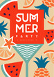 Retro flat summer disco party poster with cocktail and tropic fruits. Vector illustration