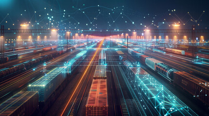 A striking visualization of a rail freight terminal at night, illuminated by futuristic digital network overlays, emphasizing modern logistics and connectivity. High-Tech Digital Network Over Rail F

