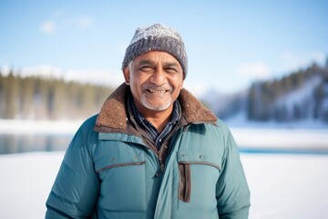 Wall Mural - Portrait of a joyful indian man in his 60s sporting a versatile denim shirt in front of backdrop of a frozen winter lake