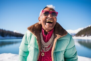 Wall Mural - Portrait of a joyful indian elderly man in his 90s donning a trendy cropped top on backdrop of a frozen winter lake