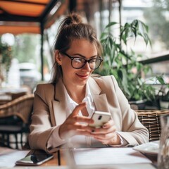 Wall Mural - Woman in Business Attire Checking Her Phone Fictional Character Created By Generative AI. 