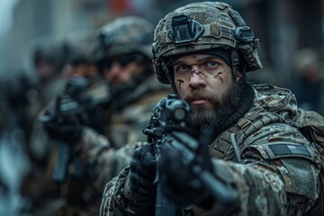 Wall Mural - An intense close-up of a soldier in combat gear holding a rifle in an urban setting, with a focused expression