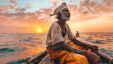 Fototapeta  - An Indian fisherman, in traditional clothes, with a catch in his hands, embodies the beauty and pride of his people against the background of the summer ocean.