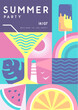 Retro flat summer disco party poster with summer attributes. Cocktail silhouette, lighthouse, ice cream, tropic leaves and watermelon. Vector illustration