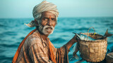 Fototapeta  - An Indian fisherman in traditional clothes, with a catch in his hands, reflects the ancient traditions and hard work of his people on a hot summer day on the ocean.