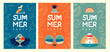Set of retro flat summer disco party posters with summer attributes. Vector illustration