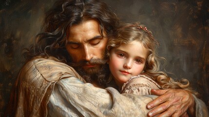 Wall Mural - portrait of jesus with little girl 