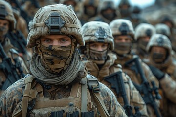 Poster - A detailed close-up highlights the individual resolve of a soldier surrounded by his unit, showcasing cohesion and preparedness