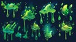The liquid slime is smooth, green poison animation, dripping goo drops and puddles. Cartoon modern liquid phlegm sprite sheet, animated effect, toxic splash sequence frame. Splatters of magic potion
