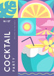 Retro flat summer disco party poster with summer attributes. Pina colada cocktail , tropic fruits and leaves. Vector illustration