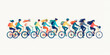 Colorful illustration of young, diverse people cheerfully riding bicycles together
