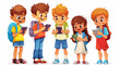 Group of cartoon kids playing games on mobile phones, diverse and happy