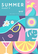 Retro flat summer disco party poster with summer attributes. Girl in hat, mermaid tail, cocktail cosmopolitan and orange. Vector illustration