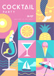 Retro flat summer disco party poster with summer attributes. Cocktail , tropic fruits, mermaids, ice cream and ship. Vector illustration