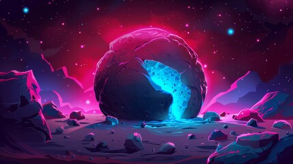 Wall Mural - An alien planet landscape design element with stones, craters, and neon blue light in the background. Cartoon modern illustration.