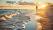 Solitary figure walking along a serene beach at sunset contemplating nature's beauty