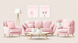 Elegant pink living room with stylish modern furniture and floral decor