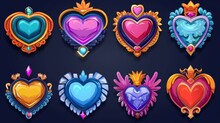 Colorful Fantasy Avatar Frames With Gemstones, Royal Crowns, And Angel Wings On Dark Blue Background. Illustration Of Colorful Game Level Rewards Or Fantasy Avatar Frames With Gemstones.