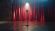 Empty stage illuminated by spotlight with vintage microphone awaiting performance