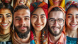 Diverse group of young adults smiling in a joyful multicultural collage