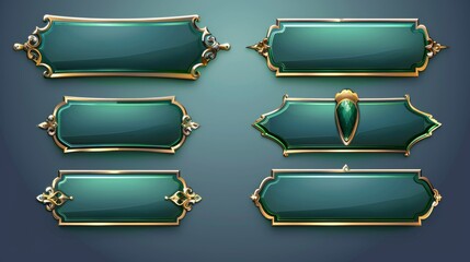 Wall Mural - Game menu elements, medieval buttons, green banners, gold rims, empty royal gui bars, golden borders for rpgs or arcades. Cartoon 3d modern illustration.