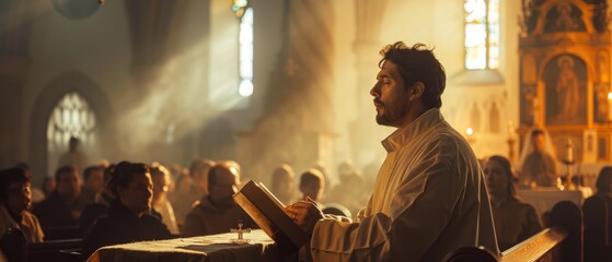 Wall Mural - Christian Church: Minister Leads Congregation In Prayer, Reads From Holy Book, The Bible. Portrait of Priest Providing Guidance, Belief, Hope, Solace.