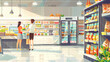 Couple shopping together in a brightly lit supermarket, selecting groceries