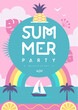 Retro flat summer disco party poster with pineapple, rainbow and tropic landscape. Vector illustration